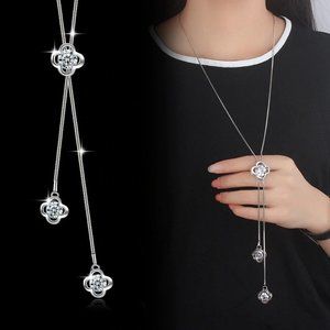 NEW 925 Sterling Silver Diamond Clover Necklace